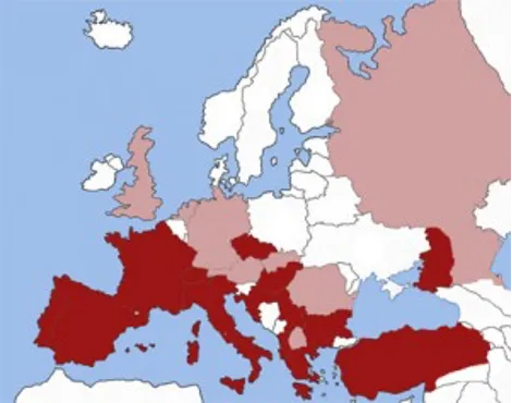 Heartworm occurs in the dark red colored areas